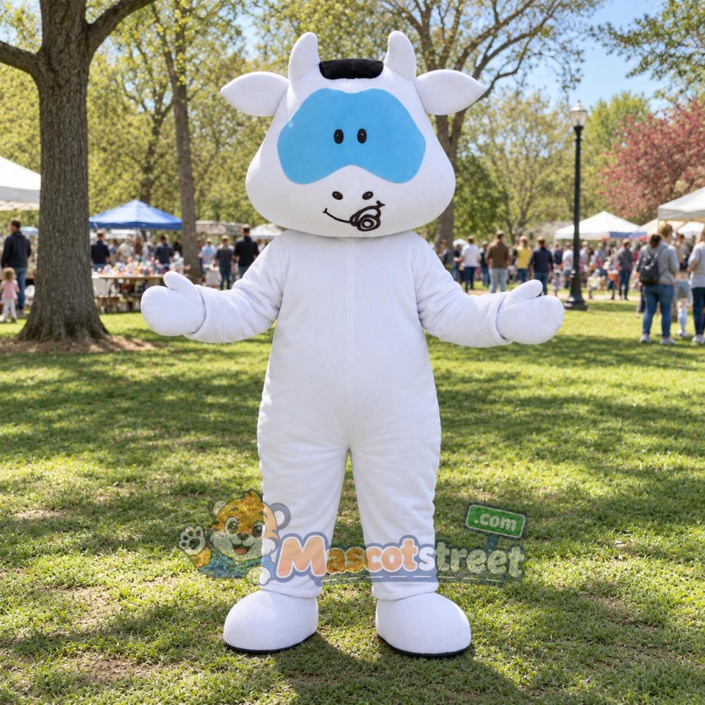 White Cow Mascot Costume with Black Hat White Cow Mascot Costume with Black Hat