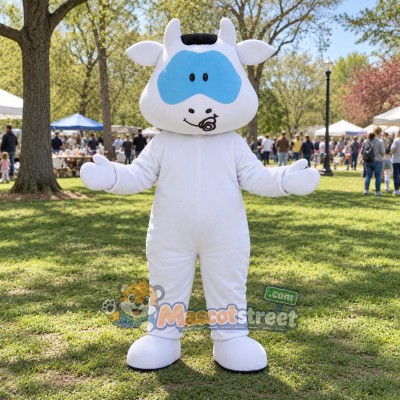 White Cow Mascot Costume with Black Hat White Cow Mascot Costume with Black Hat