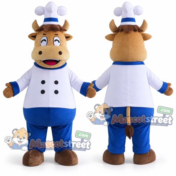 Brown Cow Mascot Costume with White Chef Coat, Blue Trousers and Chef Hat
