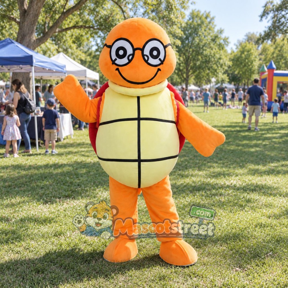 Orange Turtle Mascot Costume with Round Glasses Orange Turtle Mascot Costume with Round Glasses