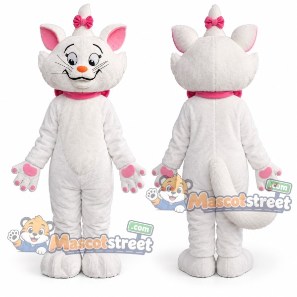 White Cat Mascot Costume with Pink Bow and Pink Collar