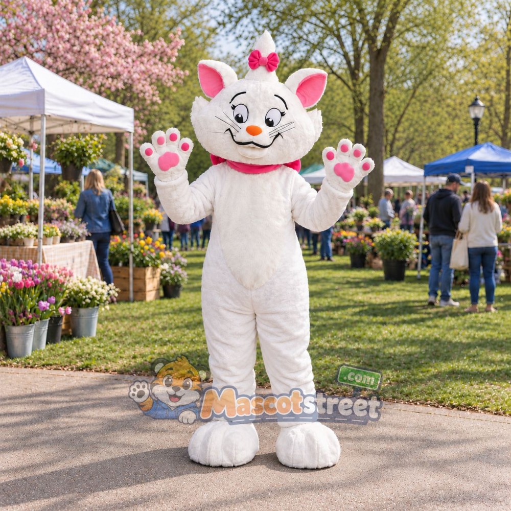 White Cat Mascot Costume with Pink Bow and Pink Collar White Cat Mascot Costume with Pink Bow and Pink Collar