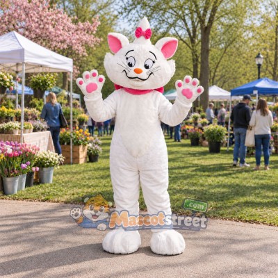 White Cat Mascot Costume with Pink Bow and Pink Collar White Cat Mascot Costume with Pink Bow and Pink Collar