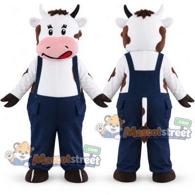 Black and White Cow Mascot Costume with Navy Overalls Black and White Cow Mascot Costume with Navy Overalls