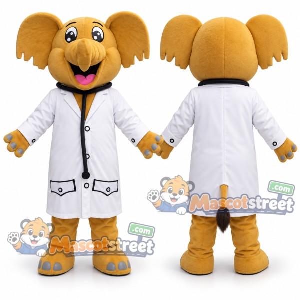 Yellow Elephant Mascot Costume with White Doctor Coat