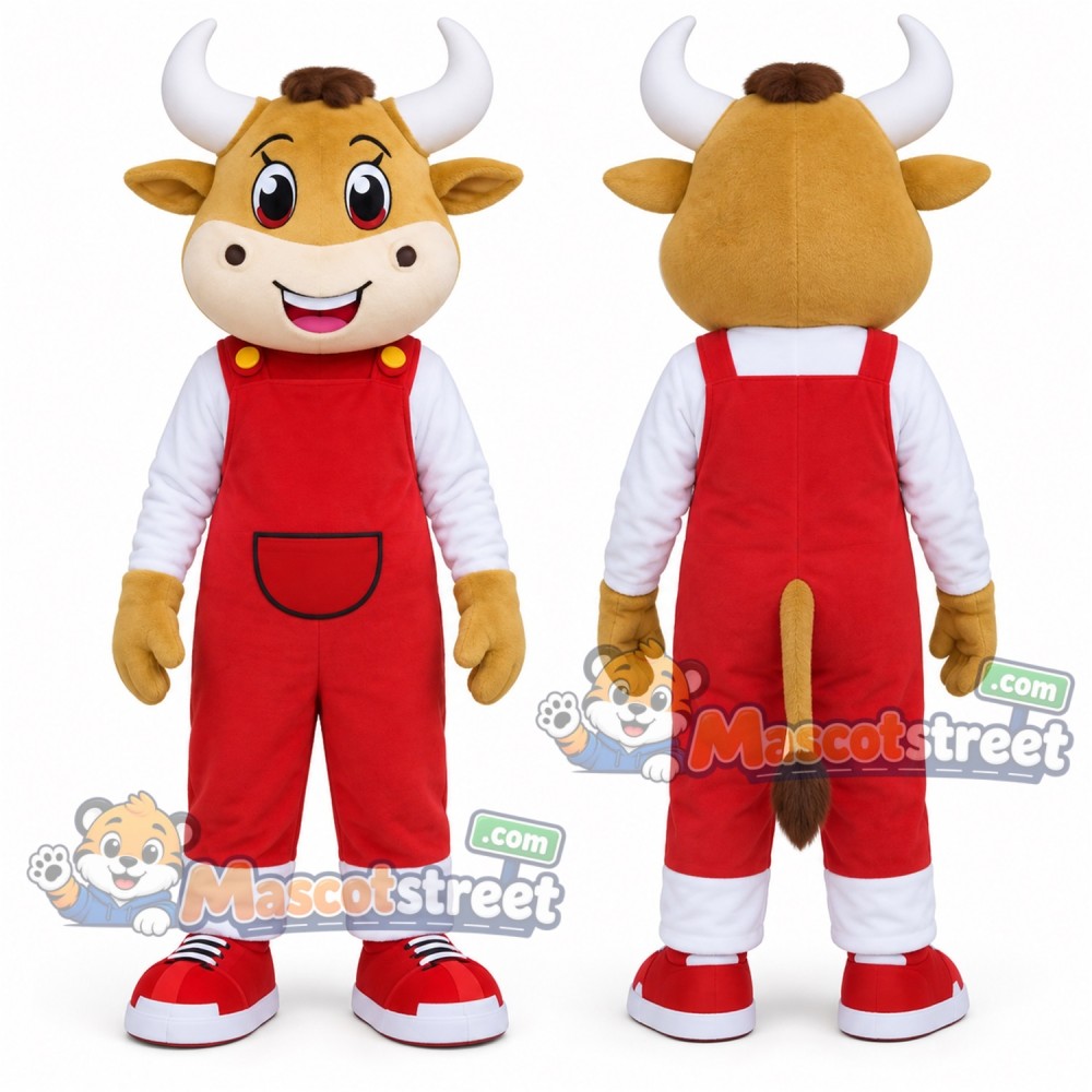 Brown Cow Mascot Costume with Red Overalls