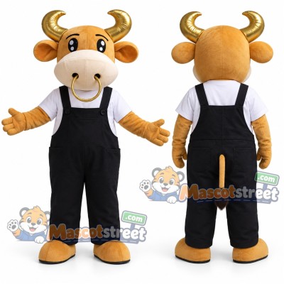 Brown Cow Mascot Costume with Black Overalls Brown Cow Mascot Costume with Black Overalls