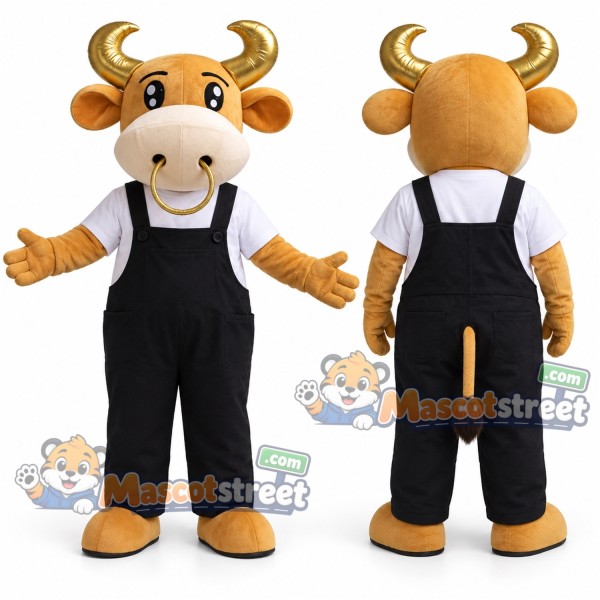 Brown Cow Mascot Costume with Black Overalls