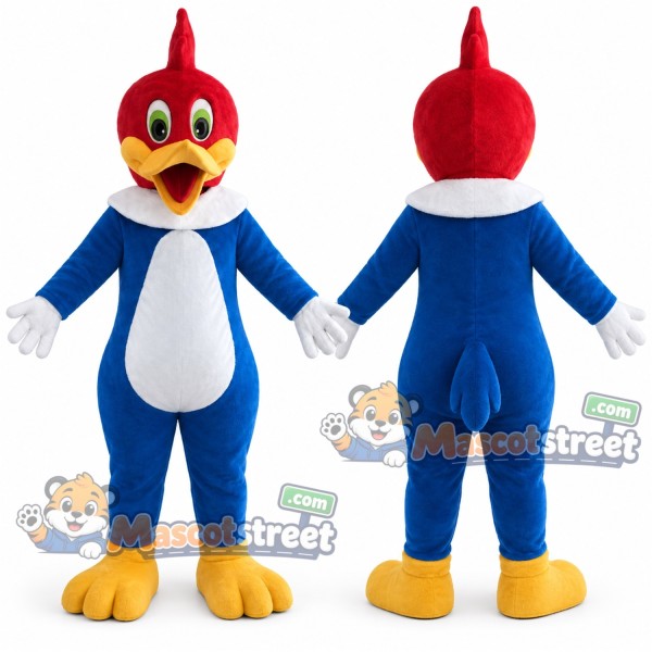 Red and Blue Woodpecker Mascot Costume with Blue Jacket