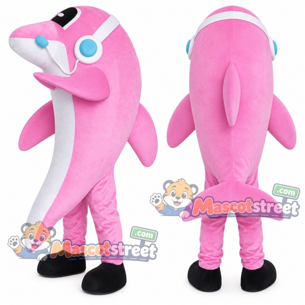 Pink Dolphin Mascot Costume with Headphones Pink Dolphin Mascot Costume with Headphones