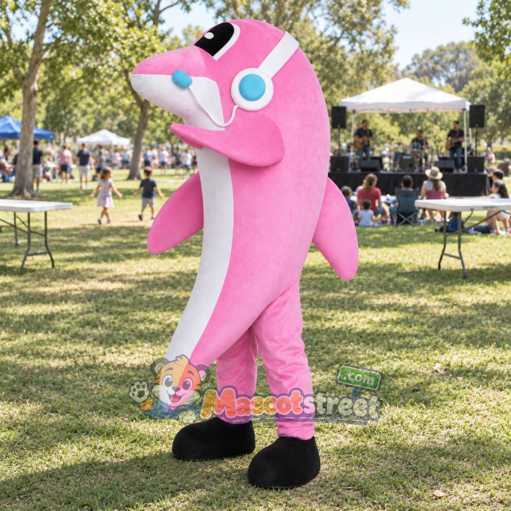 Pink Dolphin Mascot Costume with Headphones Pink Dolphin Mascot Costume with Headphones