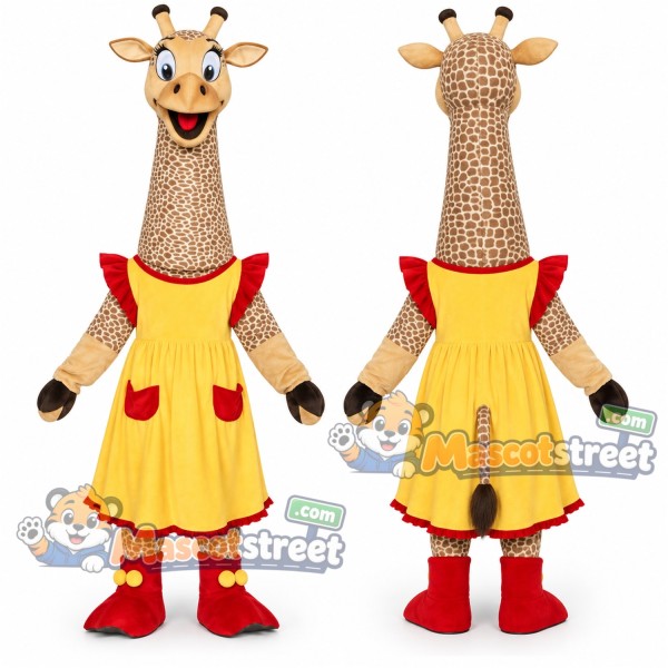 Tan Giraffe Mascot Costume with Yellow Dress