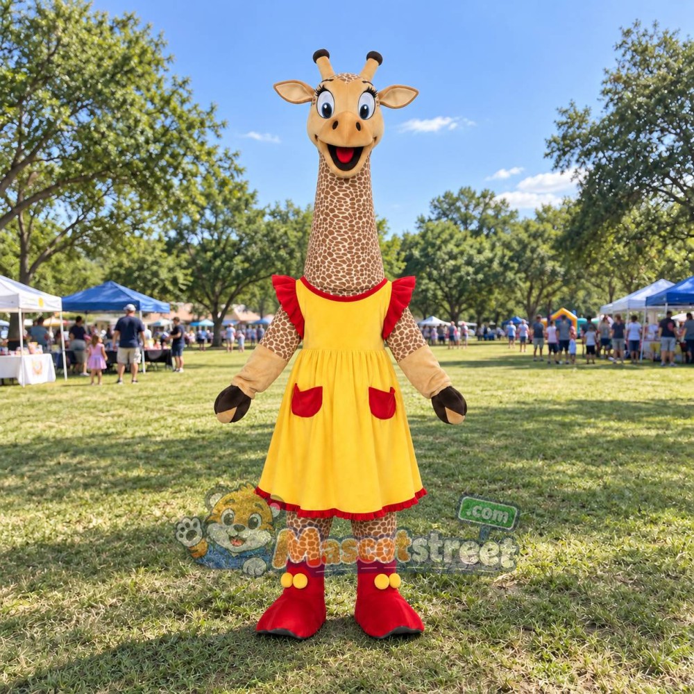 Tan Giraffe Mascot Costume with Yellow Dress Tan Giraffe Mascot Costume with Yellow Dress