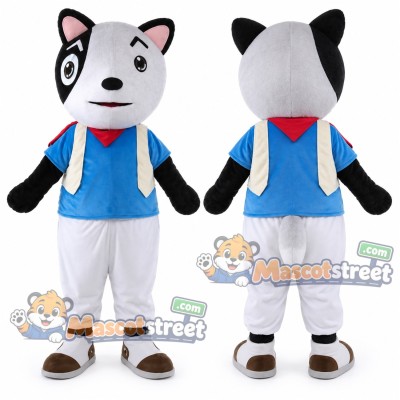 Gray and White Dog Mascot Costume with Blue Shirt, White Trousers and Red Bow Tie
