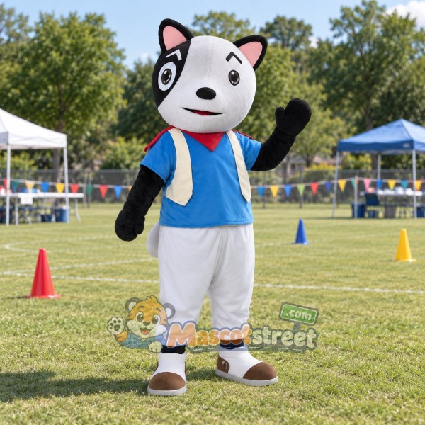 Gray and White Dog Mascot Costume with Blue Shirt, White Trousers and Red Bow Tie