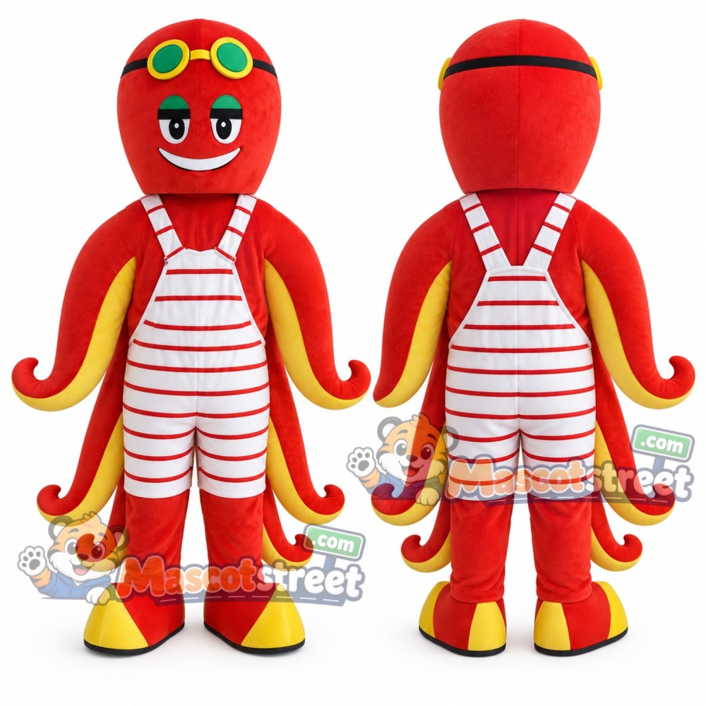 Red Octopus Mascot Costume with Striped Overalls and Goggles