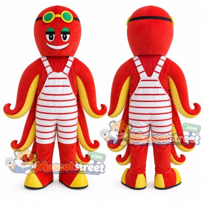 Red Octopus Mascot Costume with Striped Overalls and Goggles