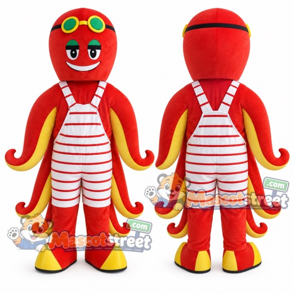 Red Octopus Mascot Costume with Striped Overalls and Goggles