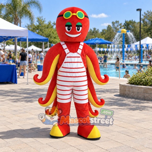 Red Octopus Mascot Costume with Striped Overalls and Goggles