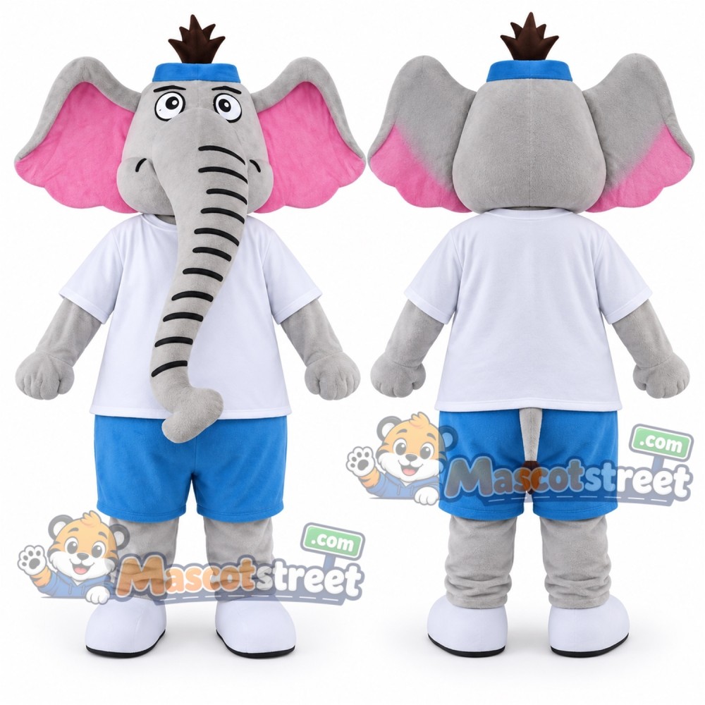 Gray Elephant Mascot Costume with White Shirt, Blue Shorts and Blue Headband Gray Elephant Mascot Costume with White Shirt, Blue Shorts and Blue Headband