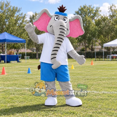 Gray Elephant Mascot Costume with White Shirt, Blue Shorts and Blue Headband