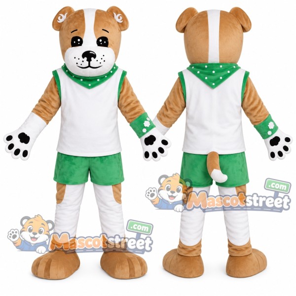 Tan and White Dog Mascot Costume with White Vest, Green Shorts and Green Bandana