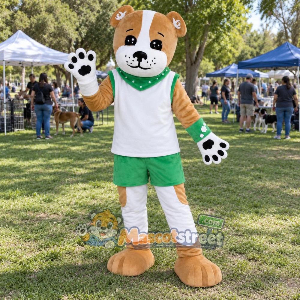 Tan and White Dog Mascot Costume with White Vest, Green Shorts and Green Bandana Tan and White Dog Mascot Costume with White Vest, Green Shorts and Green Bandana