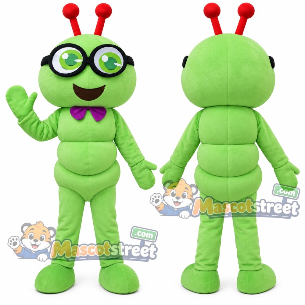 Green Caterpillar Mascot Costume with Glasses and Purple Bow Tie