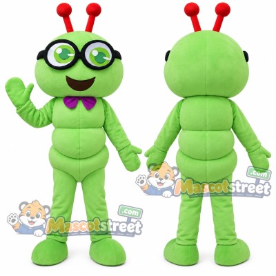 Green Caterpillar Mascot Costume with Glasses and Purple Bow Tie