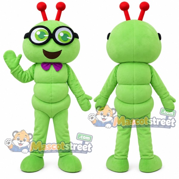 Green Caterpillar Mascot Costume with Glasses and Purple Bow Tie