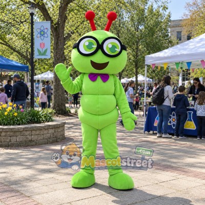 Green Caterpillar Mascot Costume with Glasses and Purple Bow Tie