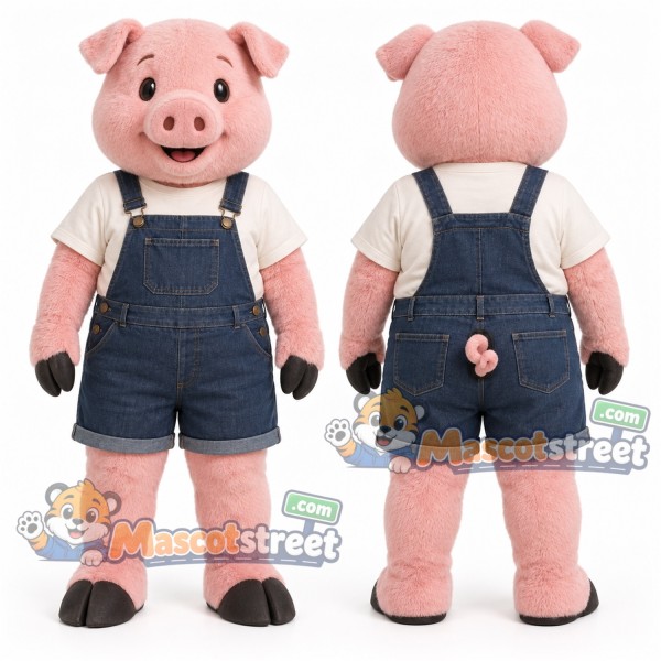 Pink Pig Mascot Costume with White Shirt and Denim Overalls