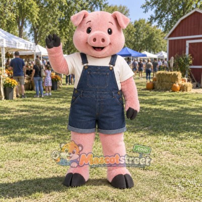 Pink Pig Mascot Costume with White Shirt and Denim Overalls