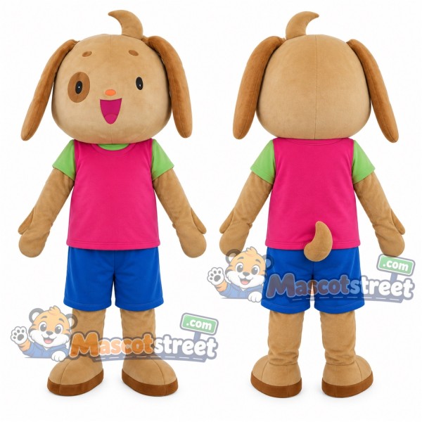 Brown Dog Mascot Costume with Pink Shirt and Blue Shorts