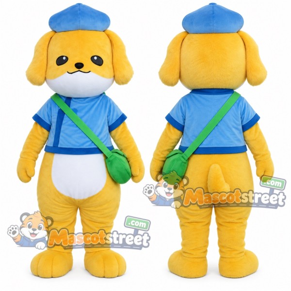 Yellow Dog Mascot Costume with Blue Shirt, Blue Hat and Green Shoulder Bag