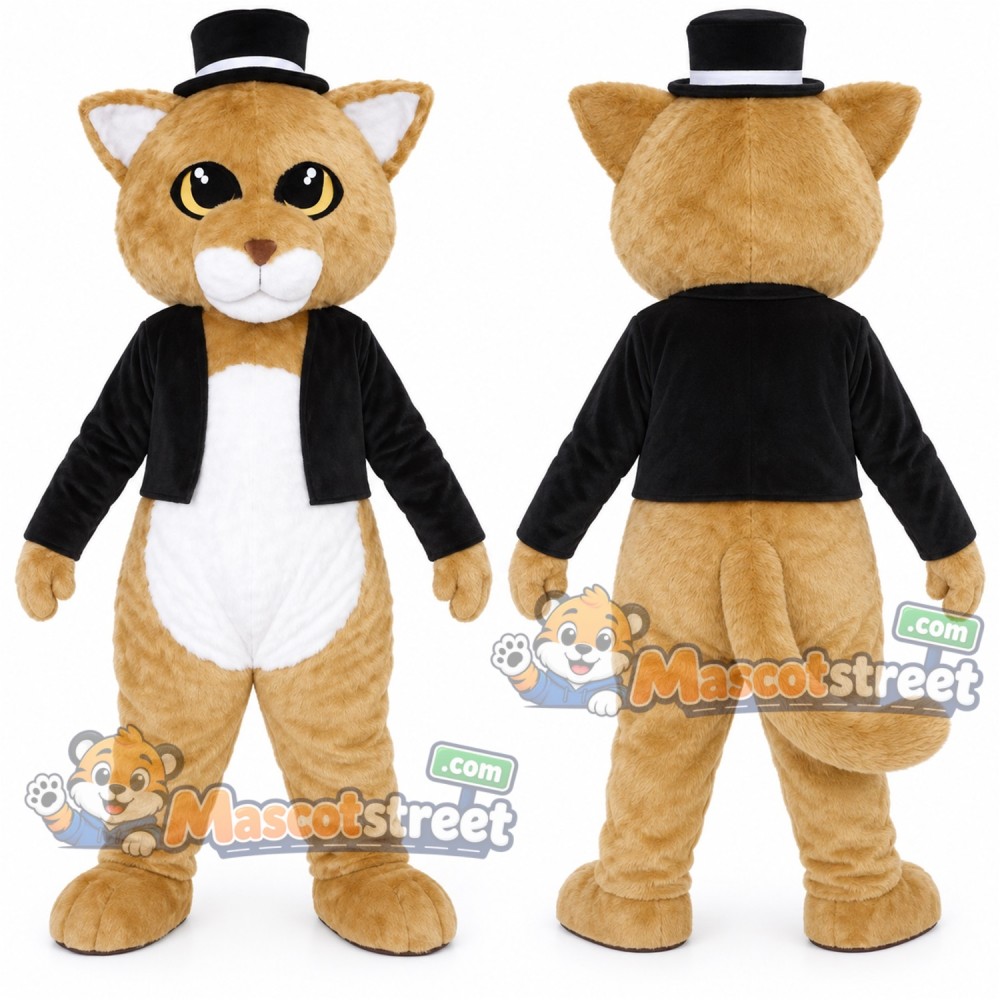 Tan Cat Mascot Costume with Black Jacket and Black Hat Tan Cat Mascot Costume with Black Jacket and Black Hat