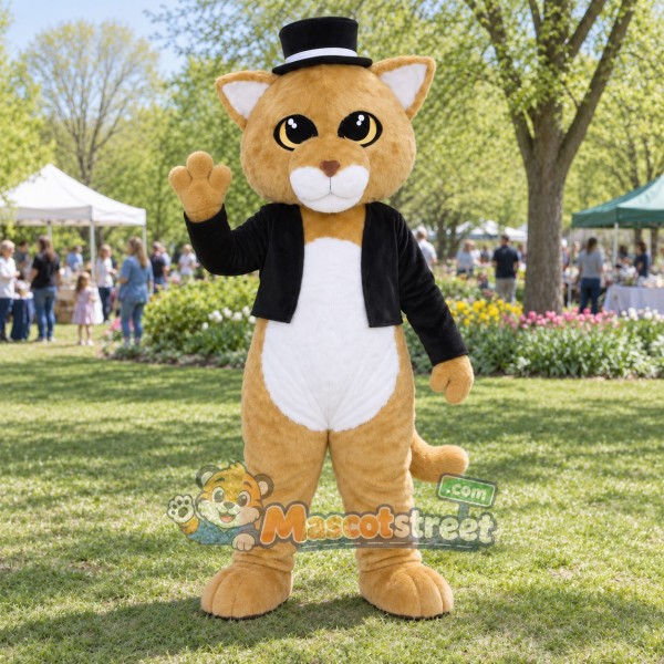 Tan Cat Mascot Costume with Black Jacket and Black Hat