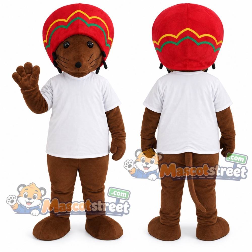 Brown Mouse Mascot Costume with White Shirt and Red Turban