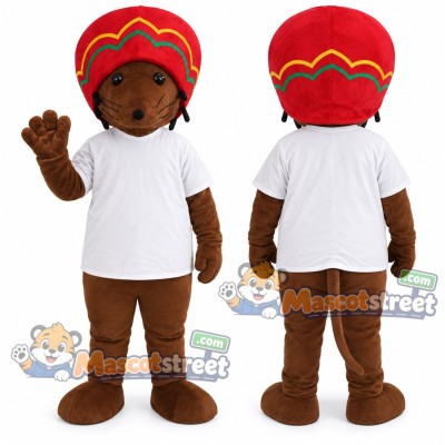 Brown Mouse Mascot Costume with White Shirt and Red Turban