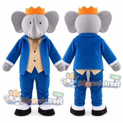 Gray Elephant Mascot Costume with Blue Suit, Tan Vest and Crown