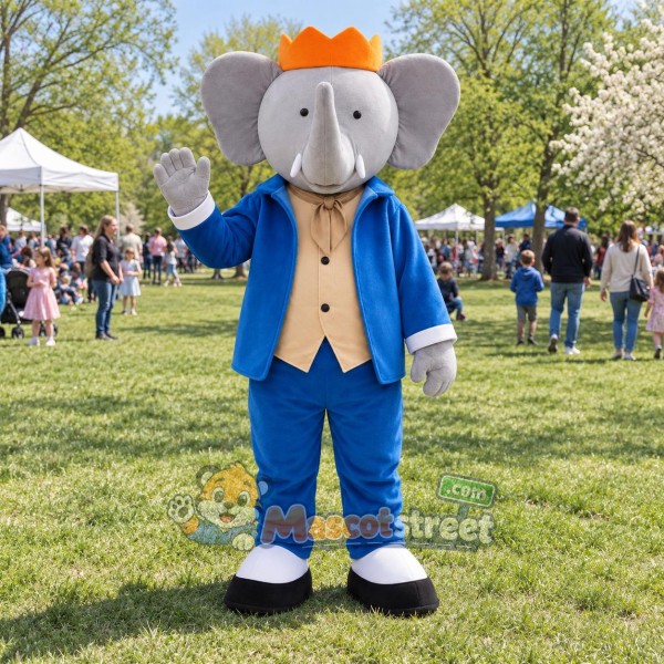 Gray Elephant Mascot Costume with Blue Suit, Tan Vest and Crown