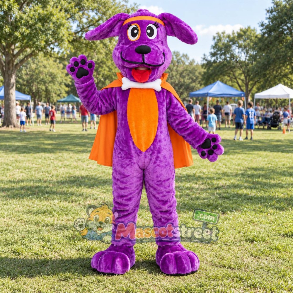 Purple Dog Mascot Costume with Orange Cape