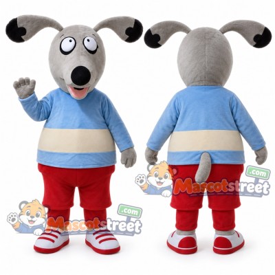 Gray Dog Mascot Costume with Blue Striped Sweater and Red Shorts