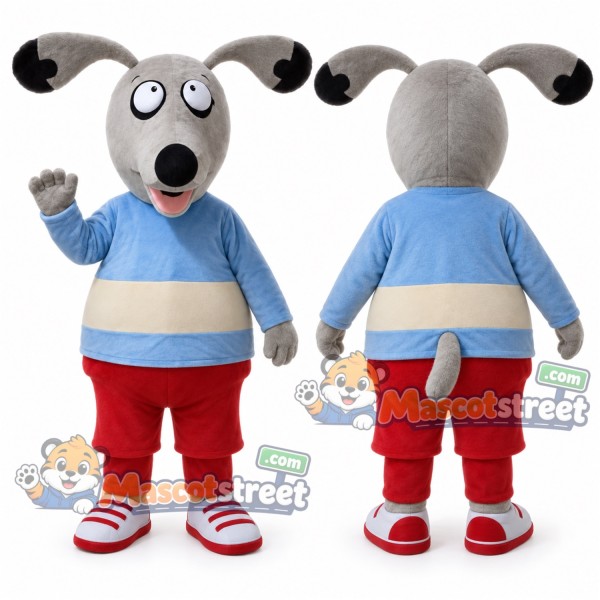 Gray Dog Mascot Costume with Blue Striped Sweater and Red Shorts