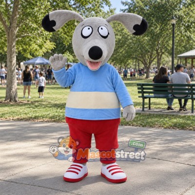 Gray Dog Mascot Costume with Blue Striped Sweater and Red Shorts