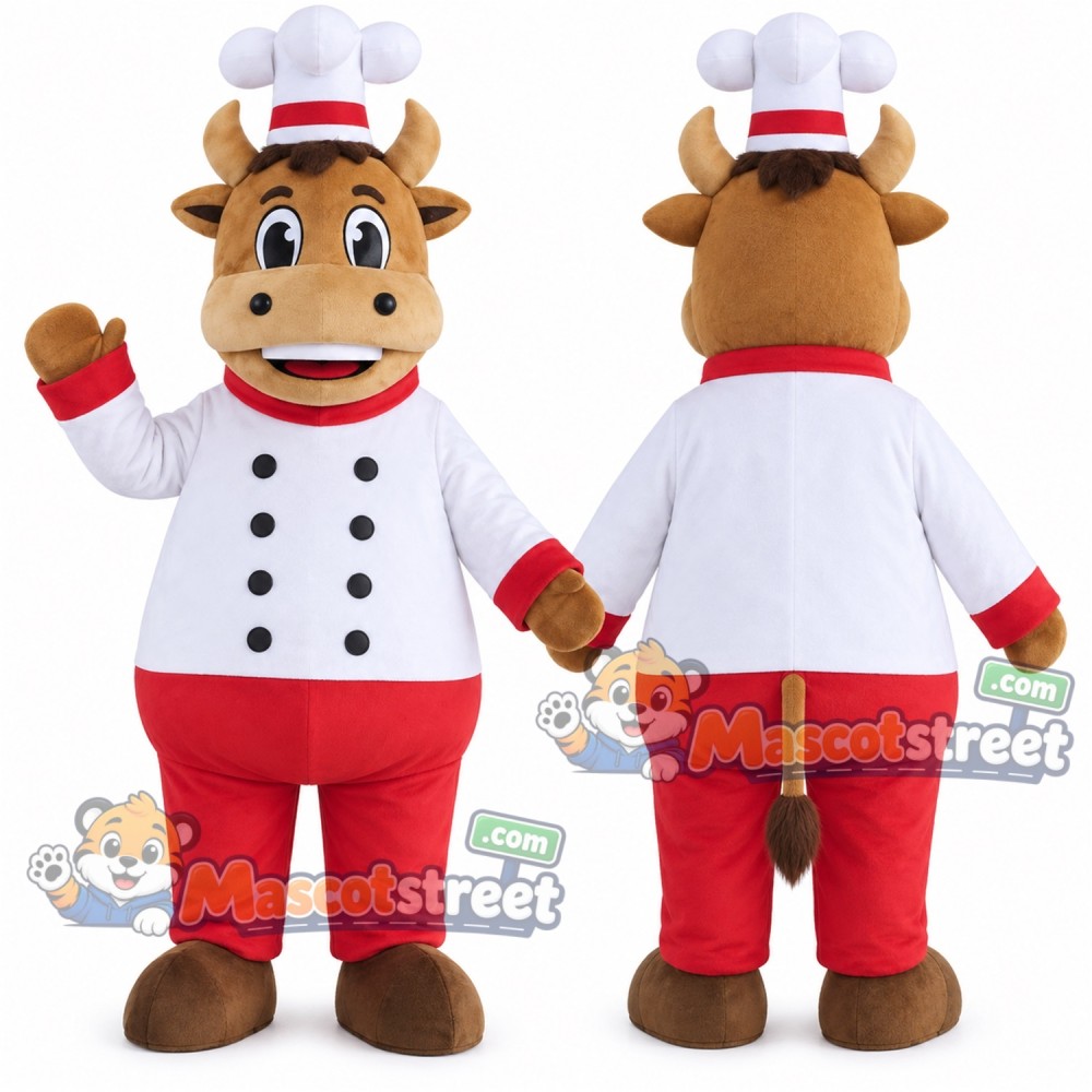 Brown Cow Mascot Costume with White Chef Coat, Red Trousers and Chef Hat Brown Cow Mascot Costume with White Chef Coat, Red Trousers and Chef Hat
