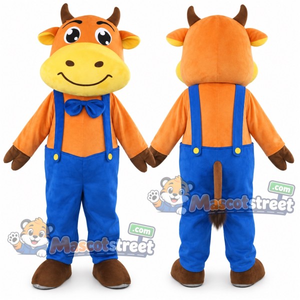 Brown Cow Mascot Costume with Blue Overalls and Bow Tie