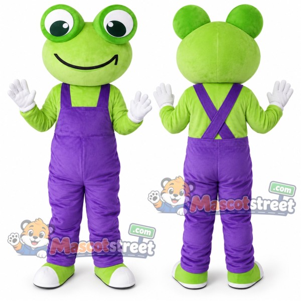 Green Frog Mascot Costume with Purple Overalls