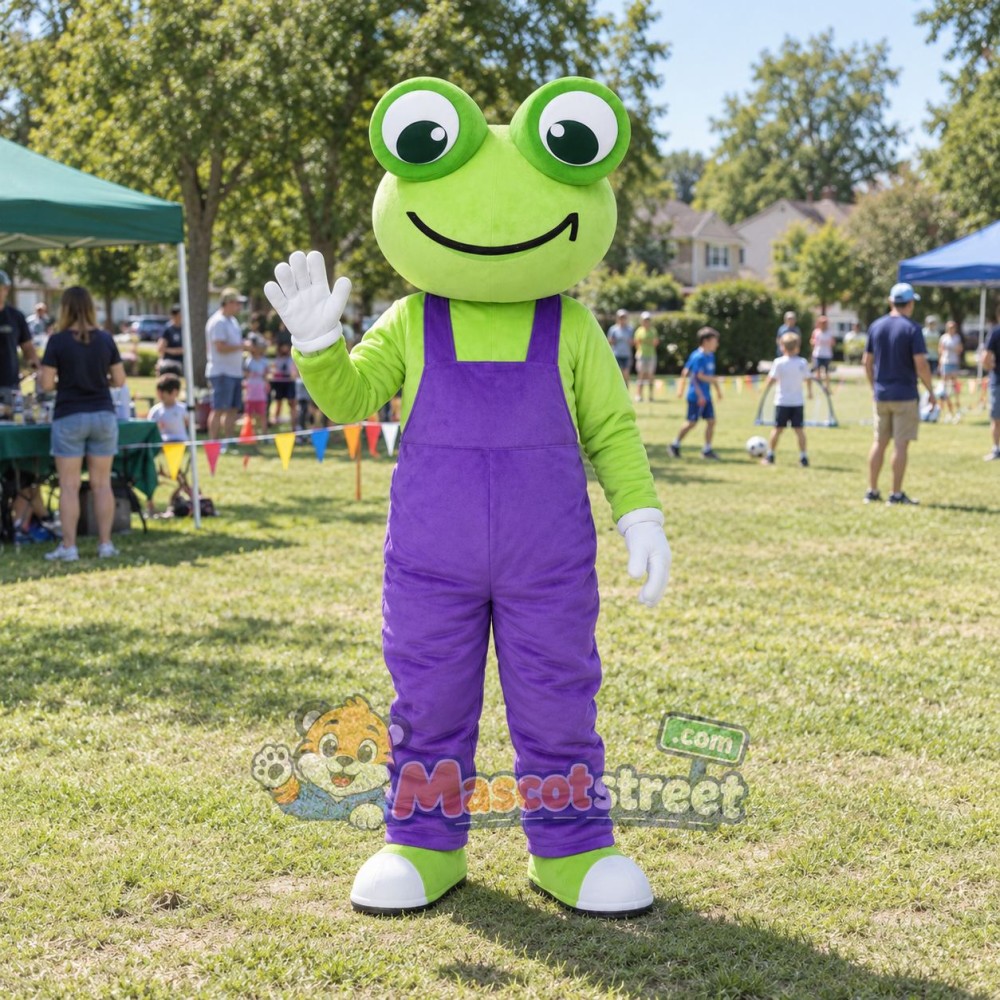 Green Frog Mascot Costume with Purple Overalls Green Frog Mascot Costume with Purple Overalls
