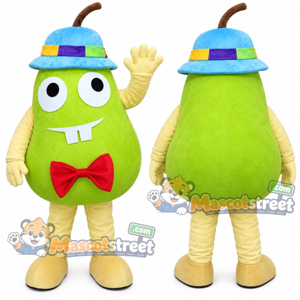 Pear Mascot Costume with Blue Hat and Red Bow Tie Pear Mascot Costume with Blue Hat and Red Bow Tie